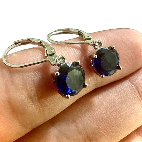 Sapphire Earrings Sterling Silver 925 Leverback Earrings Dangle lab-created - Picture 2 of 10